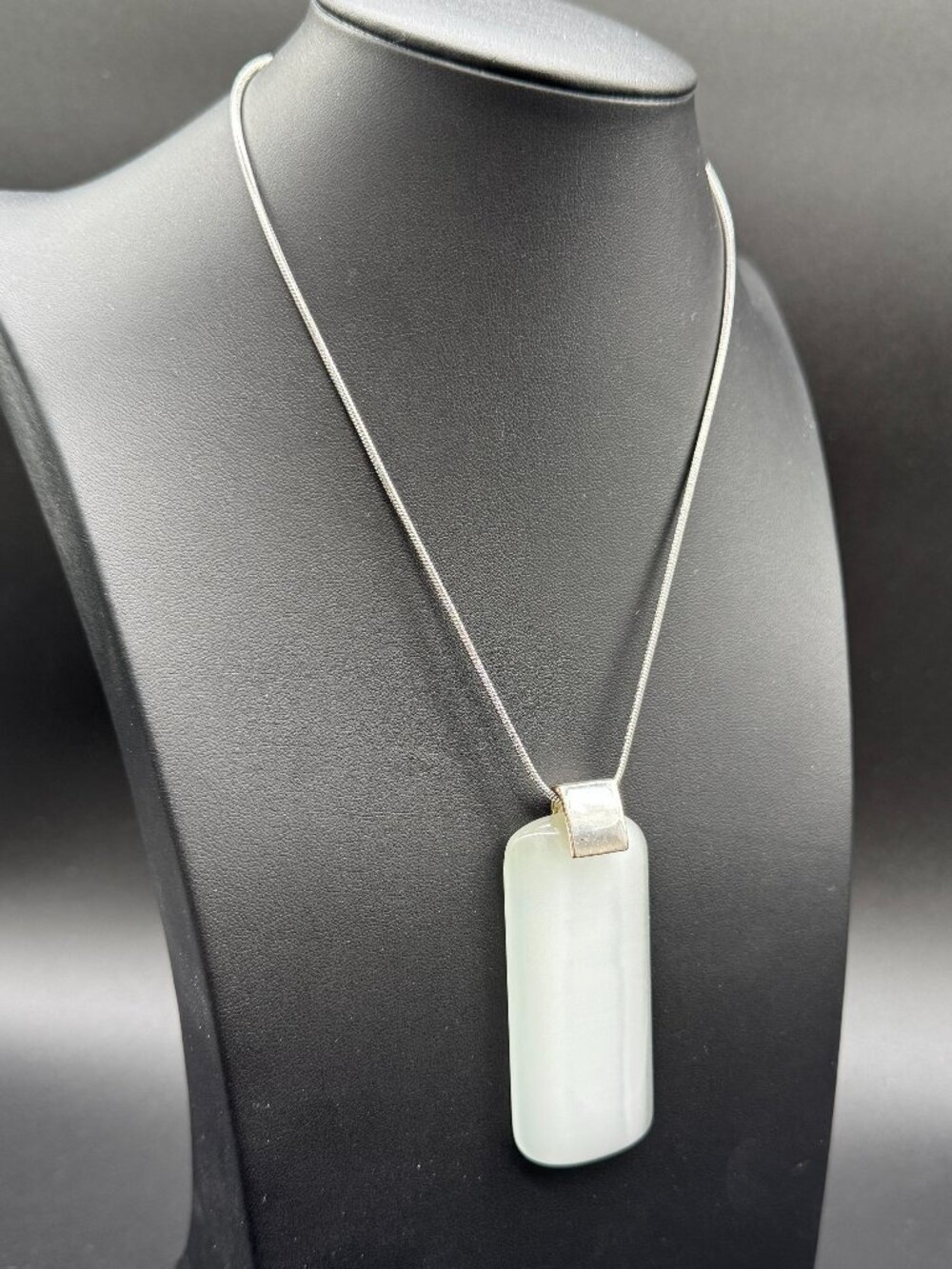 Silver Tone Necklace Large Rectangle White Cat's Eye Moonstone Pendant